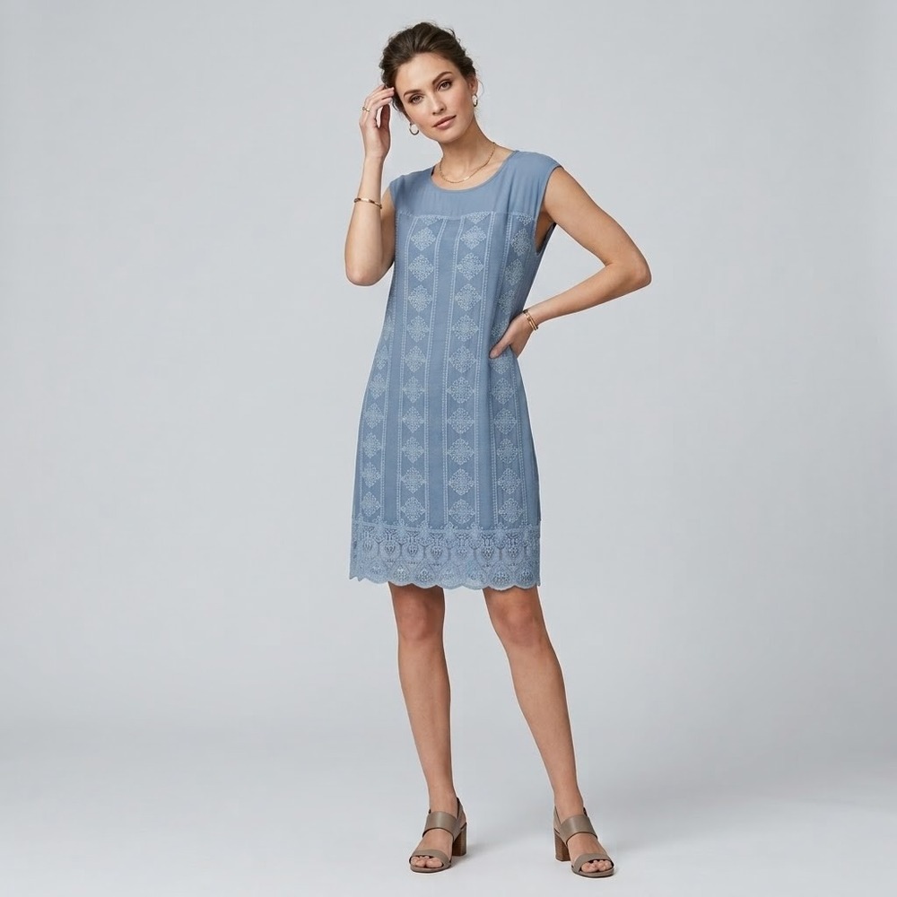 Sundance Twilight Boho Embroidered Dusty Blue Scalloped Hem Shift Dress XL Lined